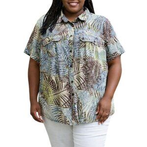 Liz Claiborne Woman Plus Size 3X Button-Up Shirt Blue/Brown Palm Print